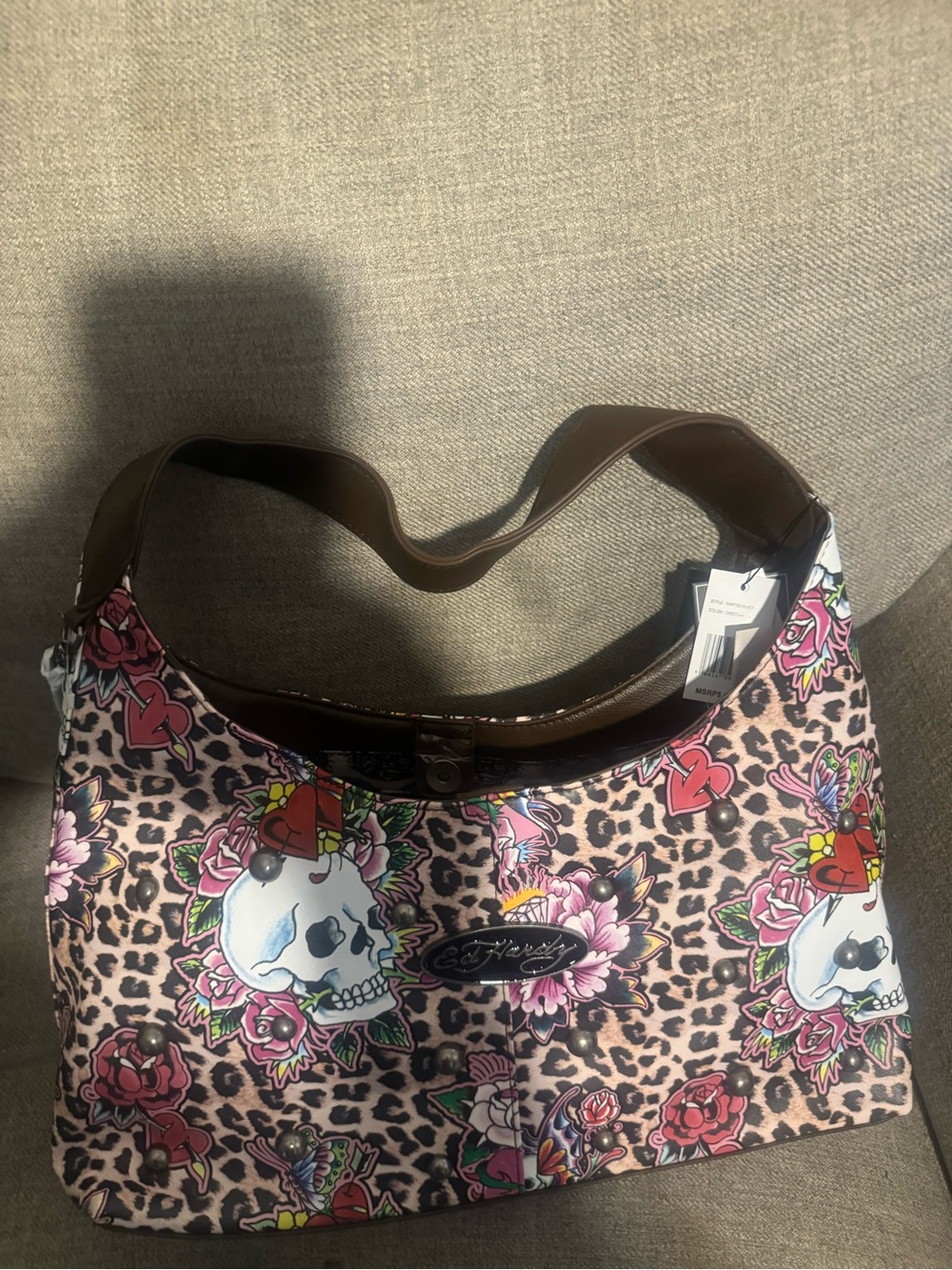 Ed Hardy Leopard Skull Floral Shoulder Bag - Pink/Brown